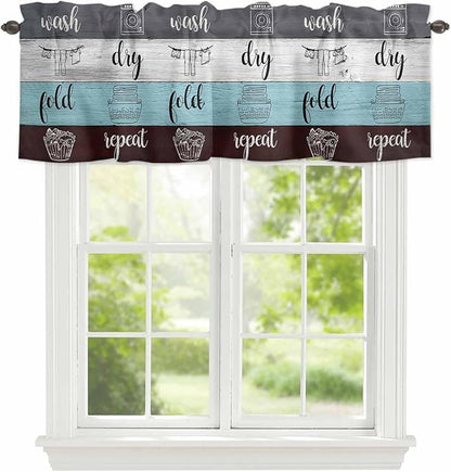 Laundry Rules Valances for Windows, Retro Blue White Wood Board Grain Kitchen by Unknown