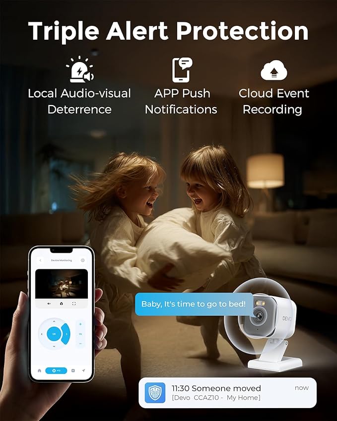 Devo CCAZ10 Security Camera 2K | Indoor &Outdoor|Baby Camera & Pet Monitor | Color Night Vision, 2-Way Audio, Live Stream, Motion Alerts & Notifications White,1 Cam