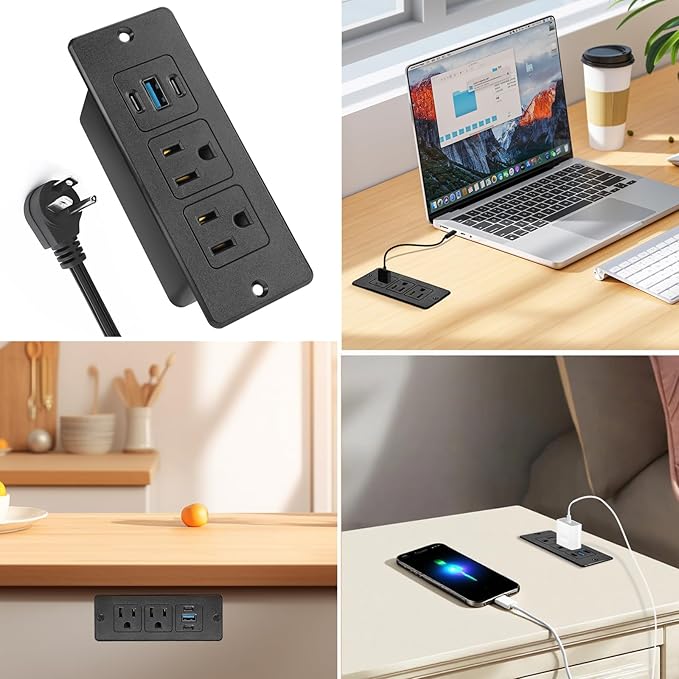2 Pack Recessed Power Strips USB, 20W Fast Charging Furniture Outlets - 2 AC & 3 USB (2 USB-C + 1 USB-A) for Desk, Bedside, Drawer - Space-Saving, 10FT Cord, Black