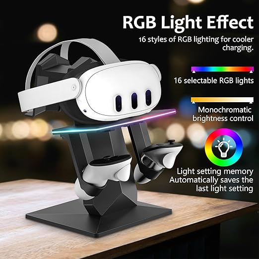 Bioherm Charging Dock Compatible with Meta Quest 2/ Quest 3/Quest 3S/Quest Pro，RGB Charging Vertical Stand，Accessories with Brightness Adjustment and 14 Light Effects Adjustment, Type-C Charging Port