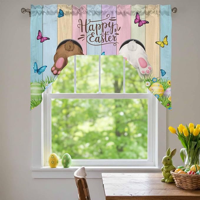 Swag Valance Curtains, Happy Easter Rabbit Butt Egg on Daisy Leaf Rod Pocket - Image 3