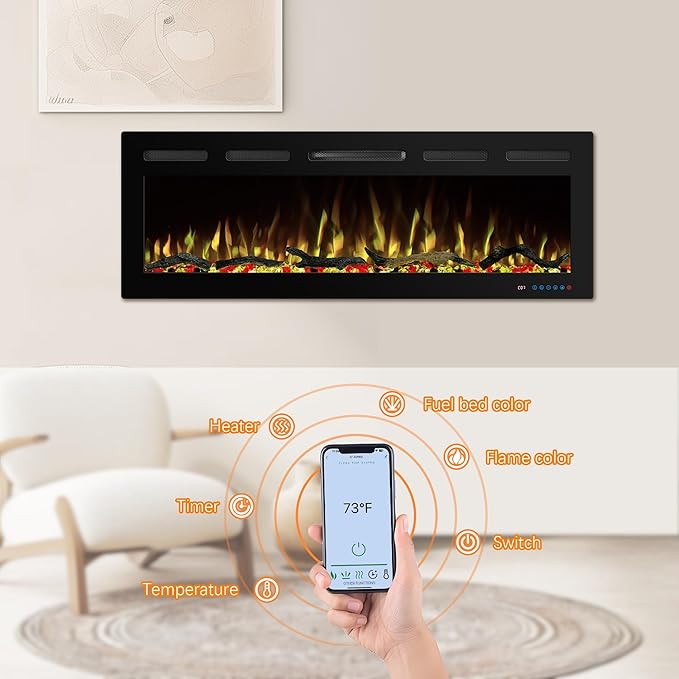 65" WiFi Electric Fireplace Inserts, Recessed and Wall Mounted Fireplace Heater W/Adjustable Flame Color & Brightness, Thermostat, 9H Timer, App and Remote Control, Low Noise, 750/1500W