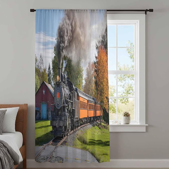 Steam Train Sheer Curtains 84 Inch Length Railroad Country Barn Rustic Trees - Image 4