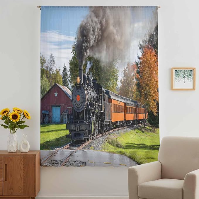 Steam Train Sheer Curtains 63 Inch Length Railroad Country Barn Rustic Trees - Image 5