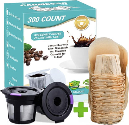 2 Reusable Keurg Cups & 300 Unbleached Keurg Coffee Pods Paper Filters by CAPMESSO