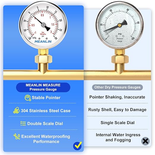 MEANLIN MEASURE -30inHG~30Psi Vacuum Gauge Stainless Steel 1/4" NPT 2" FACE - Image 5