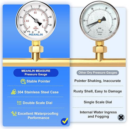 MEANLIN MEASURE -30inHG~30Psi Vacuum Gauge Stainless Steel 1/4" NPT 2" FACE - Image 5