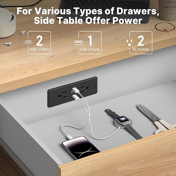 CCCEI Recessed Power Strip with Outlet and USB C Ports, Furniture Flush Mount Power Strip, Small Desk Hidden Outlet for Conference Table, Nightstand, Black, 10FT.