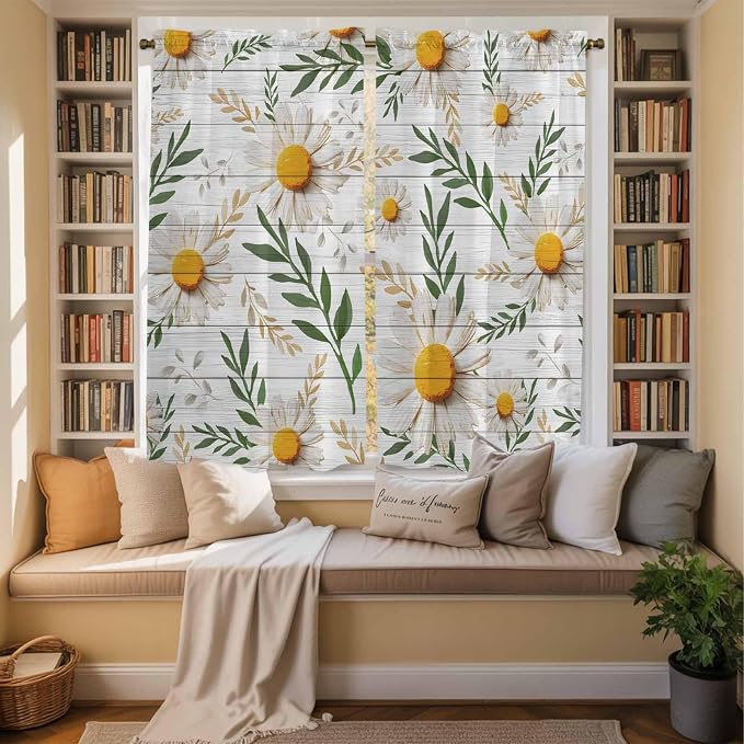 Spring Daisy Kitchen Curtains, Farmhouse Country Flower Leaf Plant Wood Grain - Image 3
