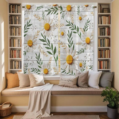 Spring Daisy Kitchen Curtains, Farmhouse Country Flower Leaf Plant Wood Grain - Image 3