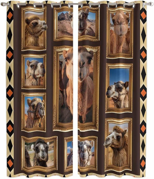 2 Panel Kitchen Cafe Curtains, Wildlife Camels Sunlight Filtering Nature Air by Hokiten