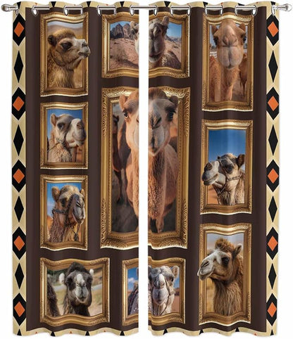 2 Panel Kitchen Cafe Curtains, Wildlife Camels Sunlight Filtering Nature Air by Hokiten