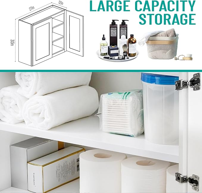 Wall Kitchen Cabinets, RTA Cabinets, White Shaker Cabinet, Wall Mounted, RTA Upper Cabinet, Modern for Kitchen and Bathroom with Door, 2 Adjustable Shelves (White, 27" W x 30" H x 12" D)