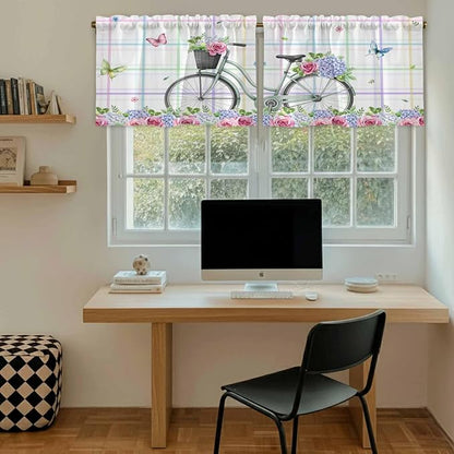 Spring Tier Curtains, Bicycles Botanical Leaves Rose Colorful Stripes Light - Image 6