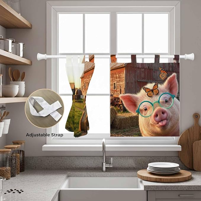 Farm Pig Kitchen Curtains 36 Inch Length, Small Window Curtains Tab Top - Image 5