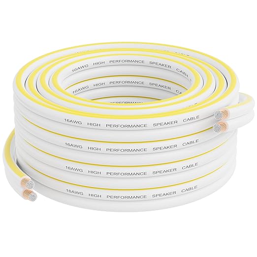 18AWG Speaker Wire 25 FT, 18 Gauge Audio Security Alarm Hookup Control Low Voltage Cable, Home Theater Wire, Automotive Wire, White Cord with Yellow Polarity Marker, CCA, 2 Conductors Electrical Wire