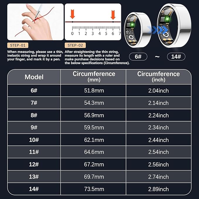 Smart Health Ring for Women Men, Fitness Tracker Ring with Heart Rate, Blood Oxygen, Sleep Tracker, Step Tracker, No Subscription Fee, IP68 Waterproof Smart Ring for iphone & Android (Silver, 12#)