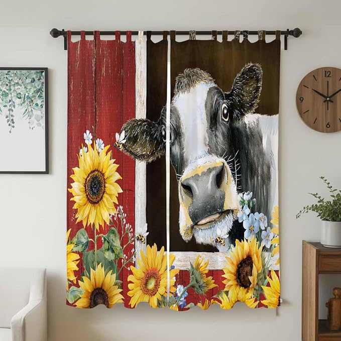 Cows Sunflowers Living Room Curtains 96 Inch Length, Window Curtains Tab Top - Image 2