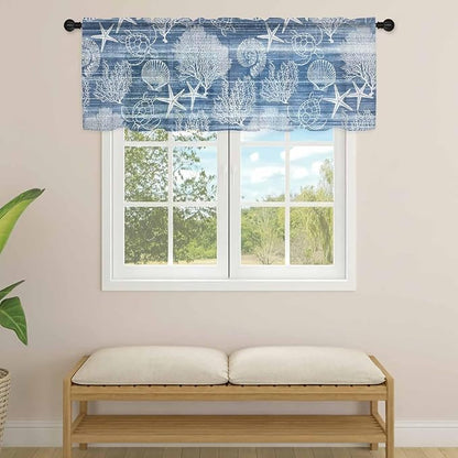 Navy Blue Retro Summer Sheer Valance Curtains, Sea Turtle Starfish Coral Ocean - Image 4