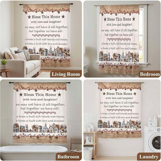 Farmhouse Sheer Curtains 54 Inch Length Country Star Barn Berry Brown Wood - Image 7