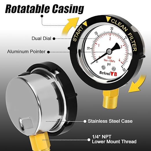0-60PSI Pool Filter Pressure Gauge, 2 inches Dial, 1/4" NPT Bottom Mount - Image 3