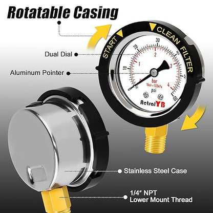 0-60PSI Pool Filter Pressure Gauge, 2 inches Dial, 1/4" NPT Bottom Mount - Image 3