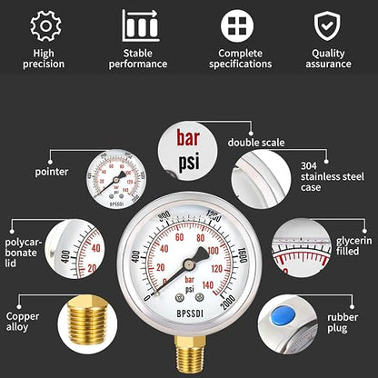 0-2000 Psi Glycerin Liquid Filled Hydraulic High Pressure Gauge, 2.5" Dial Size - Image 3