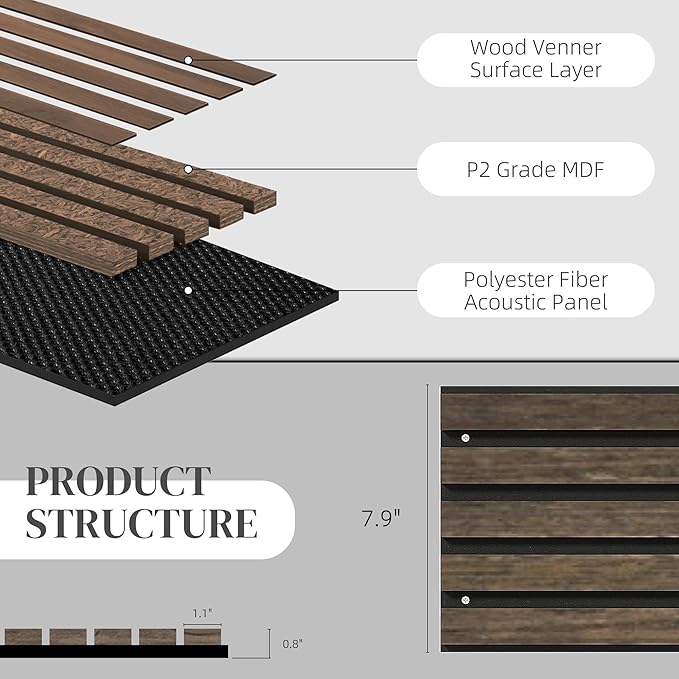 HOMCOM 4 Pack 3D Acoustic Panels, 95" x 8" Soundproof Wood Panels for Wall, Wood Slat Wall Paneling for Interior Ceiling, Office, Home Theater, Studio, Walnut