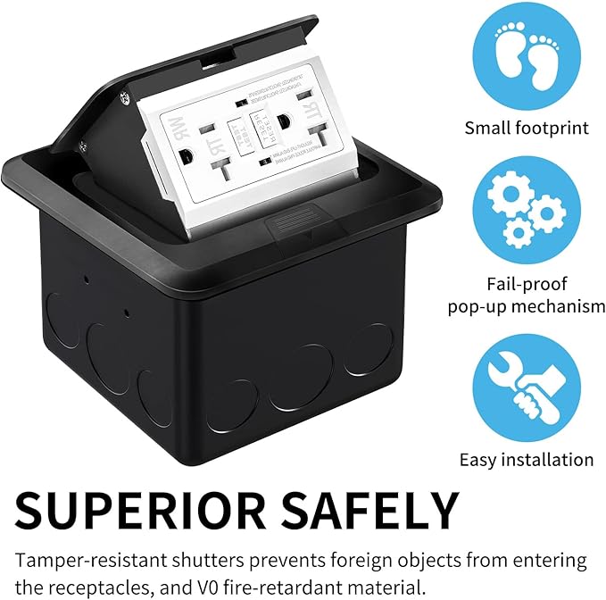 Vagueior Recessed Floor Electrical Outlet Kit,Waterproof Electrical Outlet Covcer Box,Hidden GFCI Outlet+20A Tamper-Resistant Receptacle Outlet with Slow Elastic Damping，ETL Certified，Black(1 Pack)