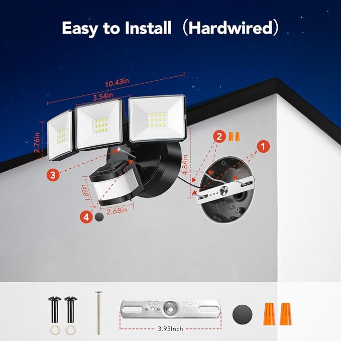 OREiN Motion Sensor Outdoor Flood Light, 26W 3500LM LED Security Light, 240° 40FT Detection, Dusk to Dawn/Auto/Test Modes, IP65 Waterproof for Garage, Yard, Porch, Driveway (Hardwired)