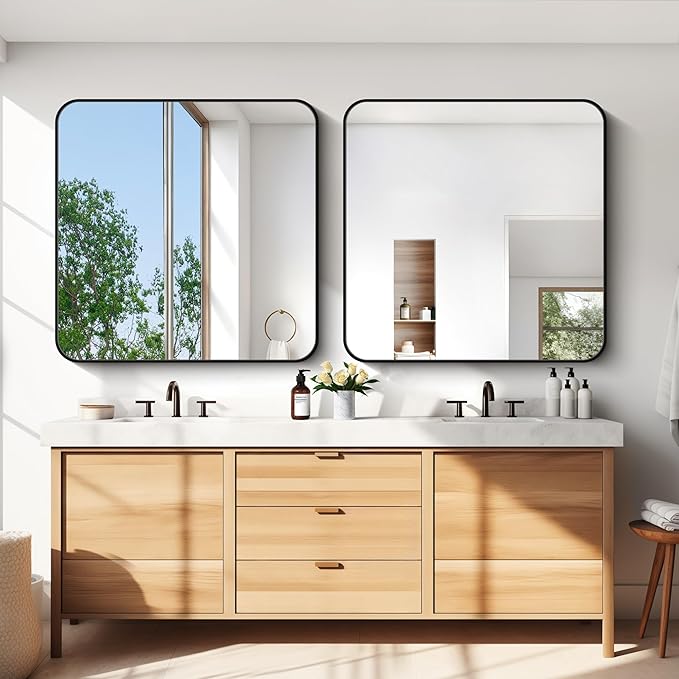 Bathroom Mirror, 39x39 inch Black Square Wall Mirror, Metal Frame Rounded Corner Vanity Mirror, Large Wall Mounted Mirror for Modern Bedroom Living Room Horizontal Or Vertical Mounting