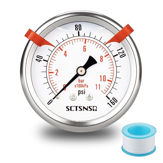 0 to 160 Psi Pressure Gauge, Glycerin Liquid Filled, 2.5 inch Dial, 1/4" NPT by SCTSNSR