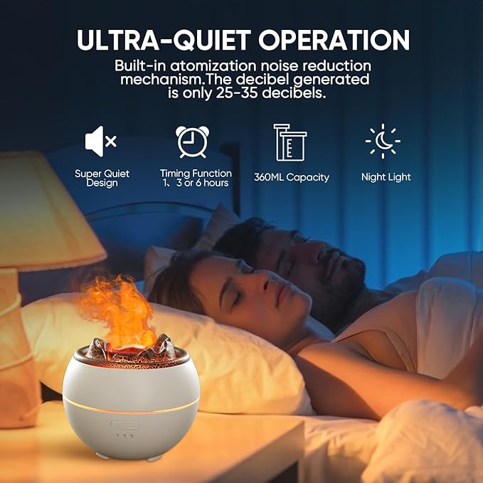 Essential Oil Diffuser, Volcano Fire Flame Aromatherapy Diffuser, 360ml Ultrasonic Cool Mist Humidifier, Scent Aroma Diffuser with 7 Colors Light, Timer & Auto Shut-Off for Home, Room (White)