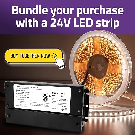 HitLights 200W Dimmable LED Driver, Electronic Transformer, 120V AC to 24V DC Power Supply for LED Strip Light, IP66 Rated, Dimming with TRIAC, 0-10V, 1-10V, Potentiometer, 10V PWM, UL Listed, Class 2