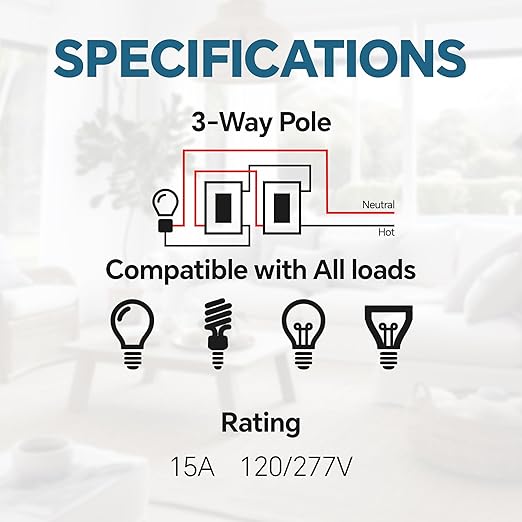 ThunderWay Matte Black 3 Way Decorative Light Switch with Plate, 15 A 120/277 V Rocker Paddle Wall Switch Replacement, Self-Grounding, Residential Grade, Wall Plate, UL Listed (10 Pack)