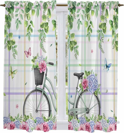 Spring Kitchen Curtains, Bicycles Botanical Leaves Rose Colorful Stripes Light by Unknown