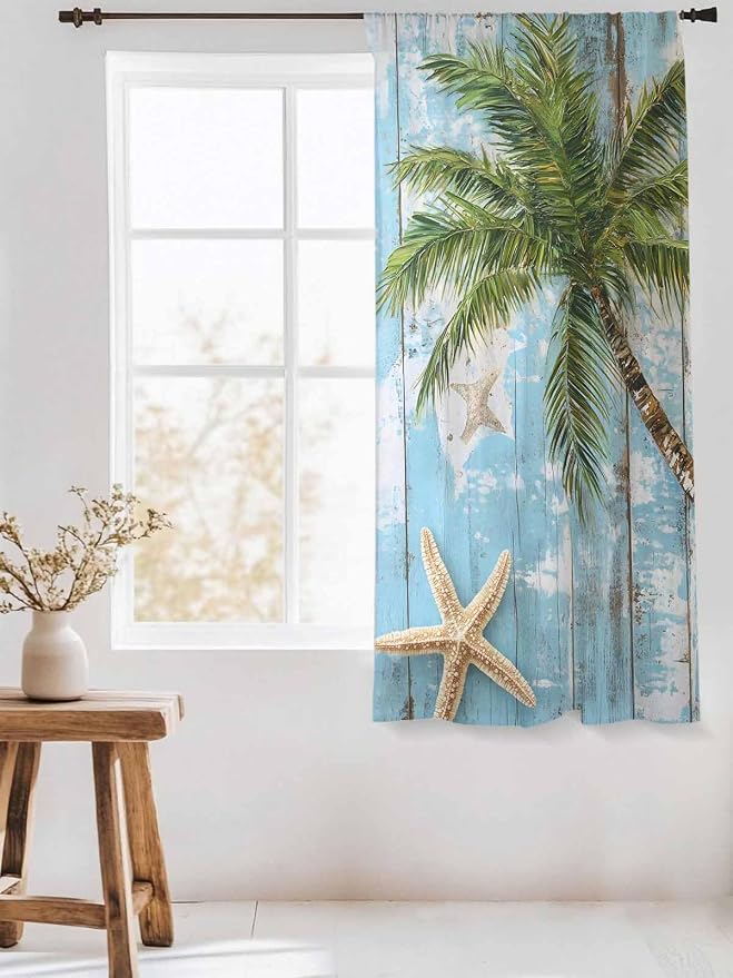 Sheer Curtains 63 Inch Length, Coastal Beach Blue Semi Sheer Curtains Light - Image 3