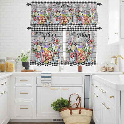 Kitchen Curtains Tiers and Valance Set of 3, Spring Flowers Light Filtering - Image 3