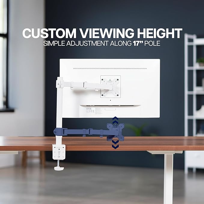 VIVO Single Monitor Arm Desk Mount, Holds Screens up to 32 inch Regular and 38 inch Ultrawide, Fully Adjustable Stand with C-Clamp and Grommet Base, VESA 75x75mm or 100x100mm, White, STAND-V001W