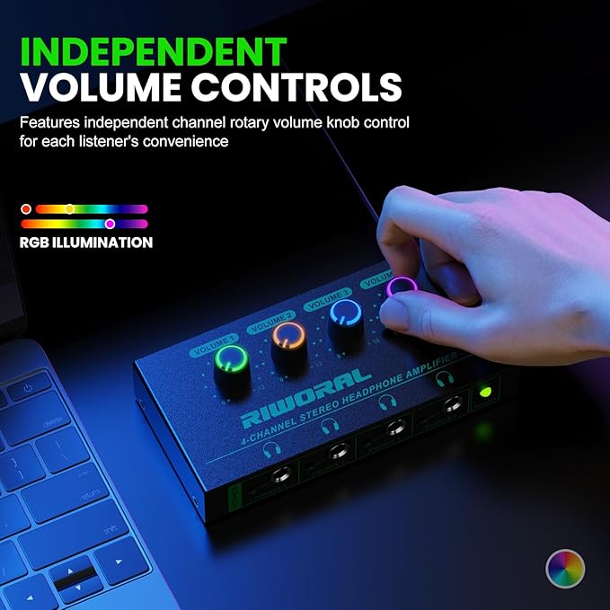Riworal 4 Channels Headphone Amplifier with 3.5mm/6.35mm/ TRS Jack Input for Dj Mixer Amps Splitter with 8 Output Ports Separate Volume Control Output for Speaker Or Monitor Headphone