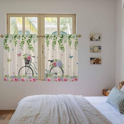 Farmhouse Spring Tier Curtains, Retro Bicycles Flowers Vines Butterfly Light - Image 4