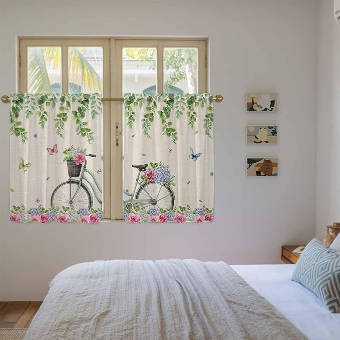 Farmhouse Spring Kitchen Curtains, Retro Bicycles Flowers Vines Butterfly Light - Image 4