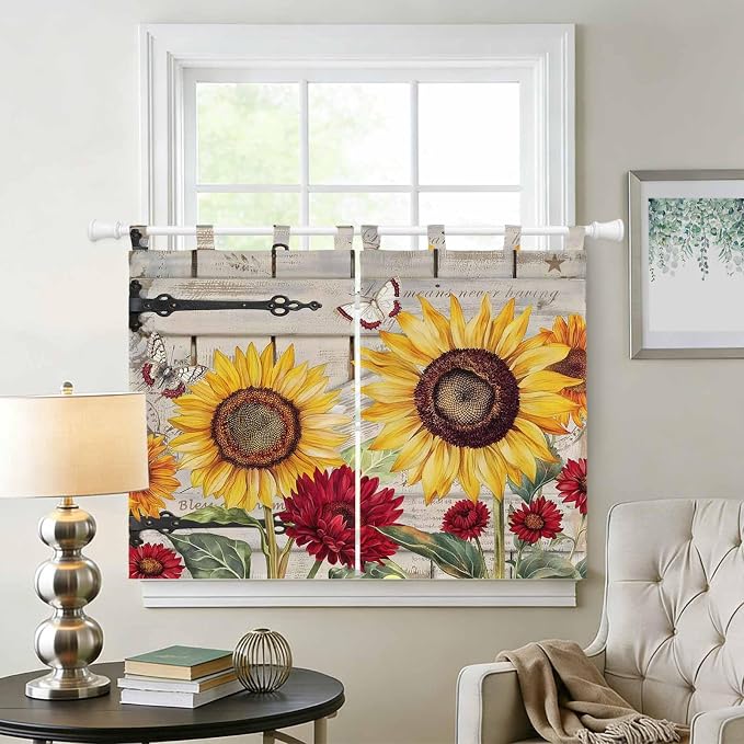 Red Yellow Sunflowers Bedroom Curtains 63 Inch Length, Window Curtains Tab Top - Image 2