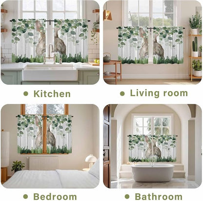 Easter Kitchen Curtains, Country Rabbit Botanical Leaves Wooden Grain Light - Image 8