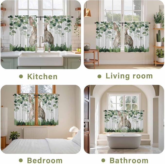 Easter Kitchen Curtains, Country Rabbit Botanical Leaves Wooden Grain Light - Image 8