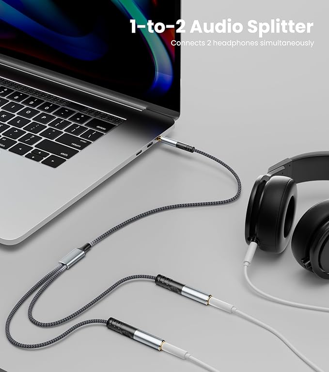 JOMLEY Headphone Splitter 1.6ft(0.5m), Audio Splitter 3.5mm 1 Male to 2 Female Adapter, Nylon-Braided 3.5mm Dual Headphone Jack Extension Cable for Headset, Smartphone, Tablet, Laptop