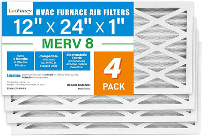 LotFancy 12x24x1 Air Filter MERV 8 4-Pack, Electrostatic Pleated Furnace & AC by LotFancy