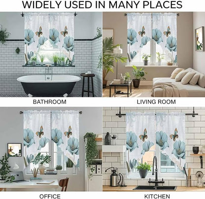 Blue Tulips Swag Valances for Windows, Watercolor Flowers Butterfly Spring - Image 9