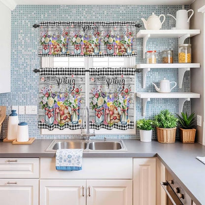 Spring Flowers Kitchen Curtain Set, Farmhouse Black Plaid Wood Grain Window - Image 6