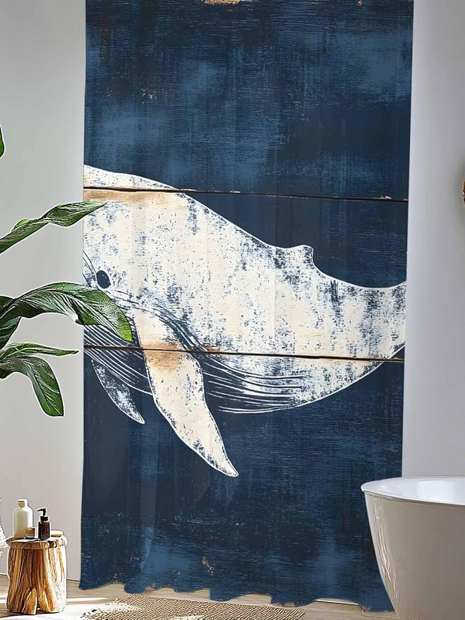 Sheer Curtains 84 Inches Long, Ocean Whale Blue Semi Sheer Curtains Light - Image 4